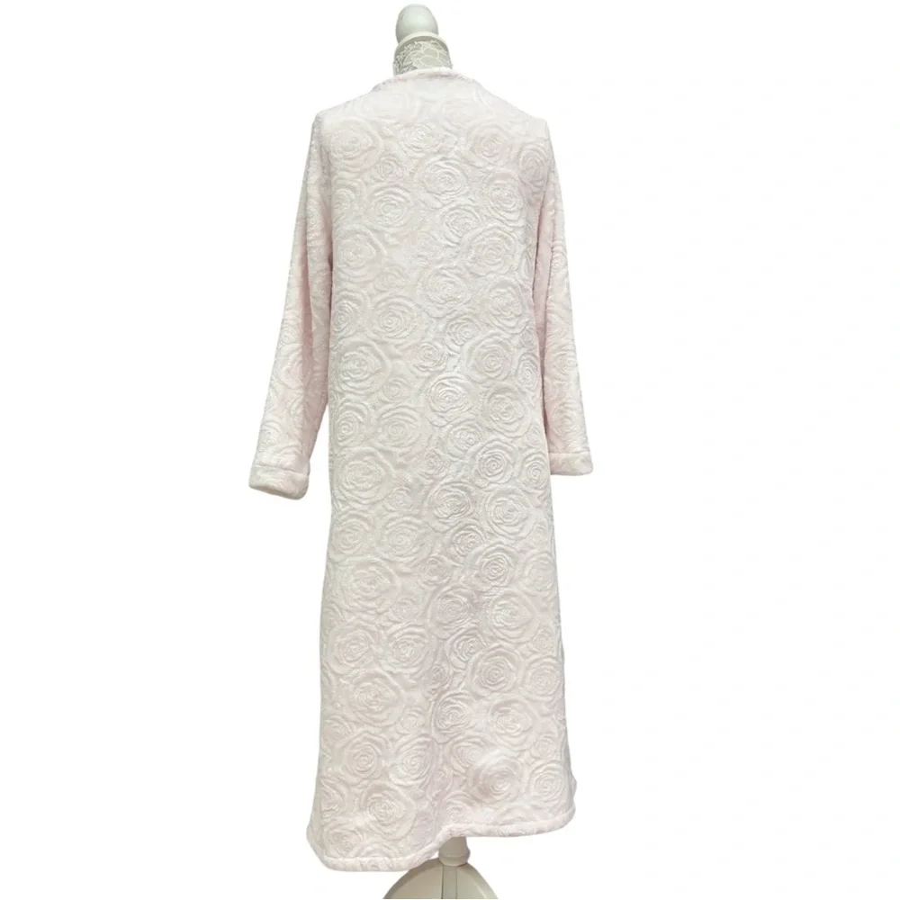 Ella Simone Pink Plush Zip Robe Floral Texture Long Sleeve Large, House Robe
